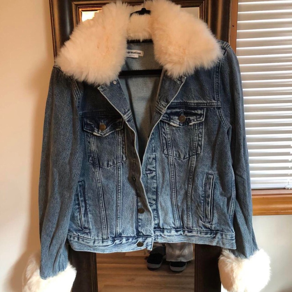 Reformation Denim Jacket with Fur Collar + Sleeves